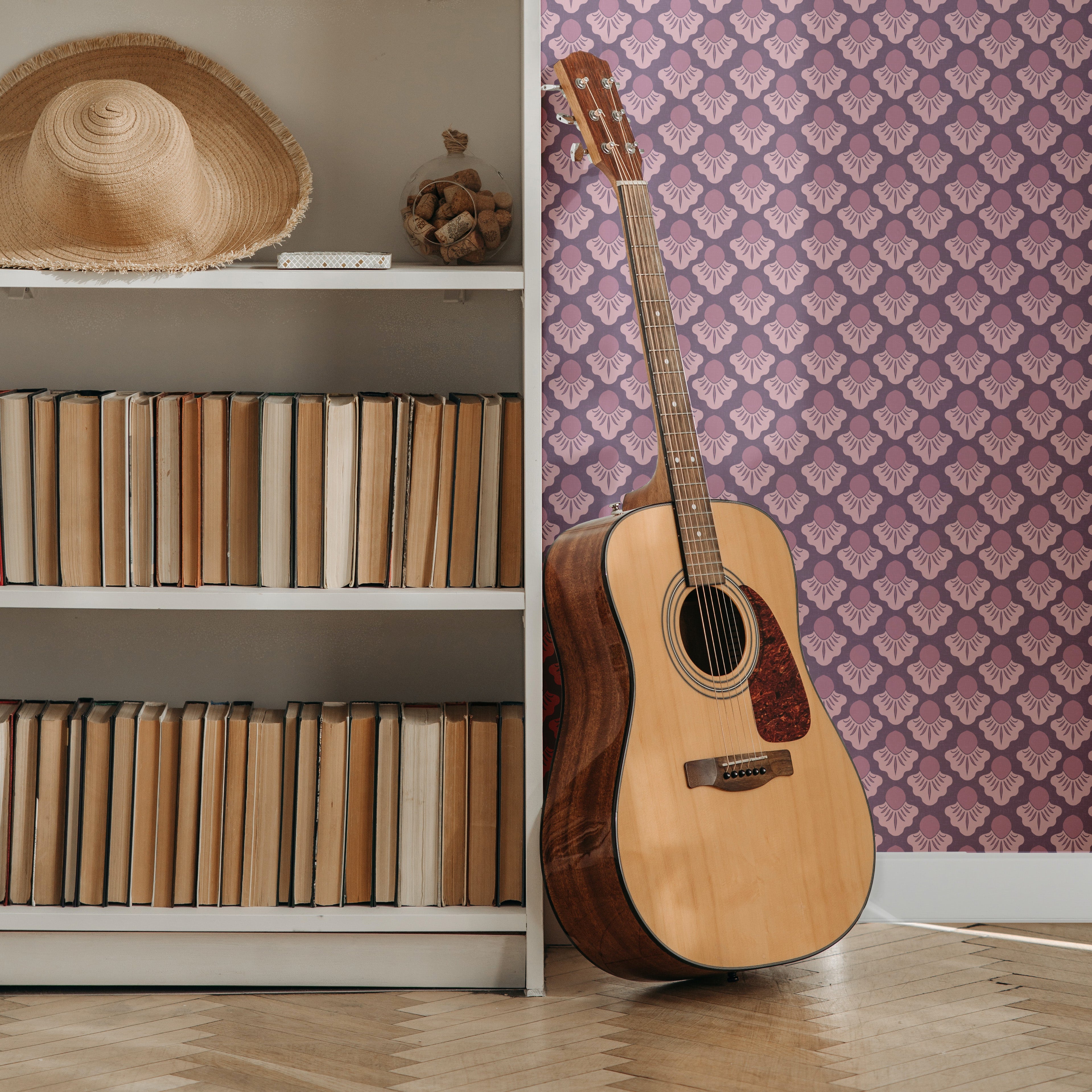 Small Scale Art Deco Flower Texture Dark Mocha & Gold peel and stick wallpaper room mockup